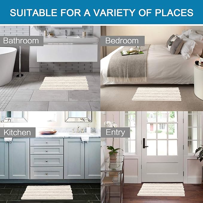 H.VERSAILTEX 2 Piece Bathroom Set - Super Absorbent Chenille Striped Bath Mats, Non Skid, Machine Washable (Ivory, 24 x 36 Plus 20 x 32 - Inches)