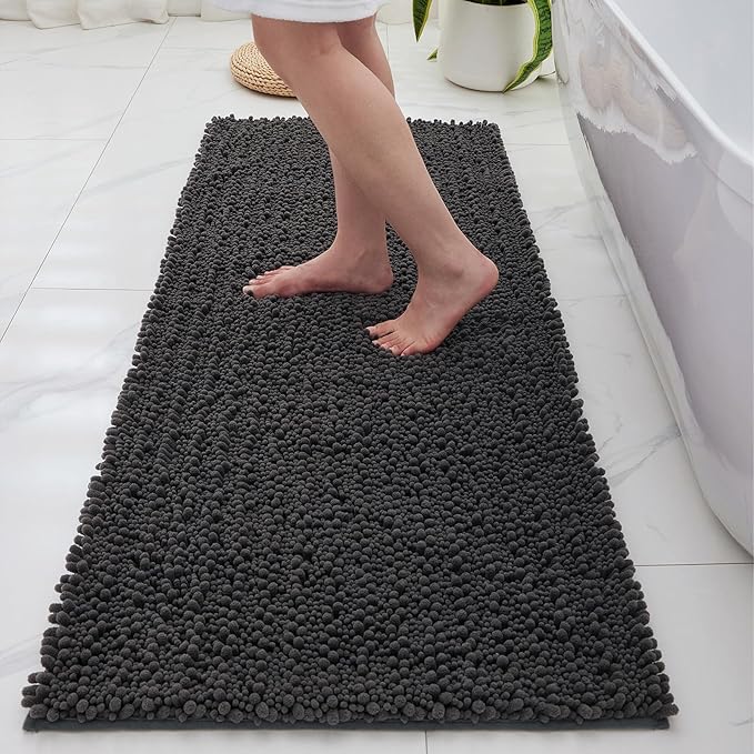 Non Slip Bathroom Rug Machine Washable Thick Dark Grey Bath Mat 24x44 Soft Absorbent Bathroom Floor Mat Chenille Bath Rug for Shower Tub