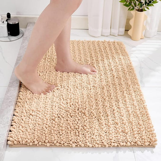 Non Slip Bathroom Rug Machine Washable Thick Beige Bath Mat 24x36 Soft Absorbent Bathroom Floor Mat Chenille Bath Rug for Shower Tub