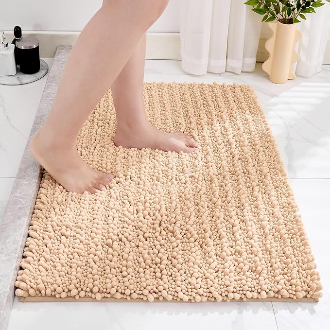 Small Bathroom Rug Non Slip Washable Beige Bath Mat 20x32 Super Absorbent Soft Bathroom Floor Mat Chenille Bath Rug for Shower Tub