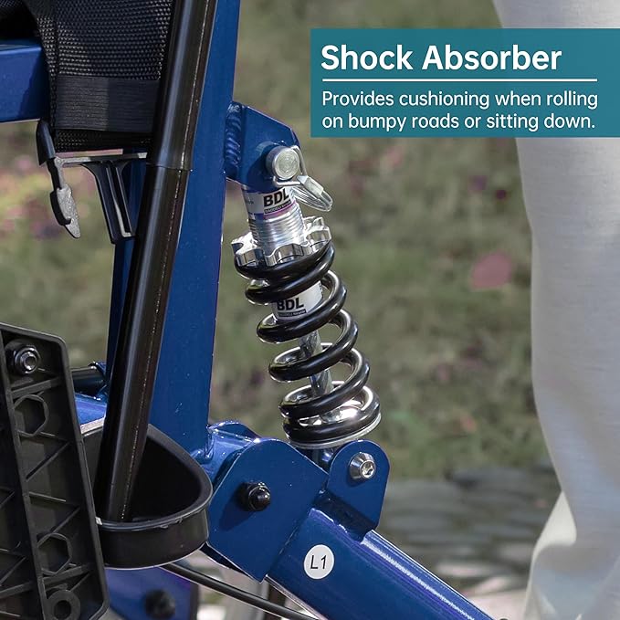 ELENKER 2 in 1 Rollator Walker & Transport Chair for Seniors, Folding Rolling Walker Wheelchair Combo with Wide Seat and Shock Absorber, Blue