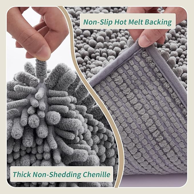 Non Slip Bathroom Rug Machine Washable Thick Grey Bath Mat 24x36 Soft Absorbent Bathroom Floor Mat Chenille Bath Rug for Shower Tub