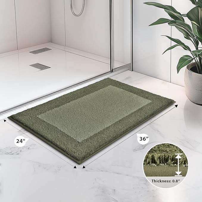 Bathroom Rugs 24" x 36", Non-Slip Extra Soft Absorbent Bath Rugs, Machine Washable Quick Dry Bath Mats for Bathroom Floor, Shower, Bathtub and Sink, Olive Green & Green