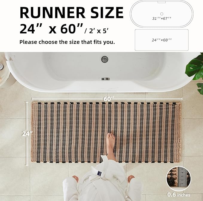 Waffle Runner Rug Bathroom, Long Boho Bathroom Rugs Non Slip Washable Super Absorbent Quick Dry Farmhouse Bath Decor, 60"x24" Black and Khaki