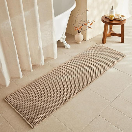Waffle Runner Rug Bathroom, Long Boho Bathroom Rugs Non Slip Washable Super Absorbent Quick Dry Farmhouse Bath Decor, 72"x24" Beige