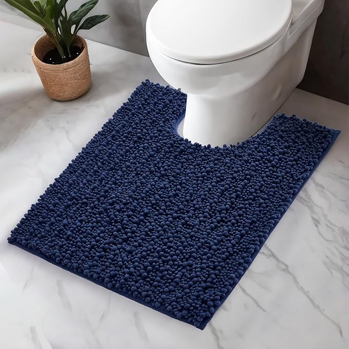 Toilet Rug 24x24 Non Slip Plush Bathroom Floor Mat U Shaped Washable Contour Rug for Toilet Absorbent Thick Foot Rug, Navy