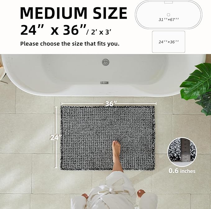 Black and White Bathroom Rugs, Waffle Bath Mat Non Slip Washable Super Absorbent Quick Dry Boho Farmhouse Bathroom Decor, 36"x24" Black and White