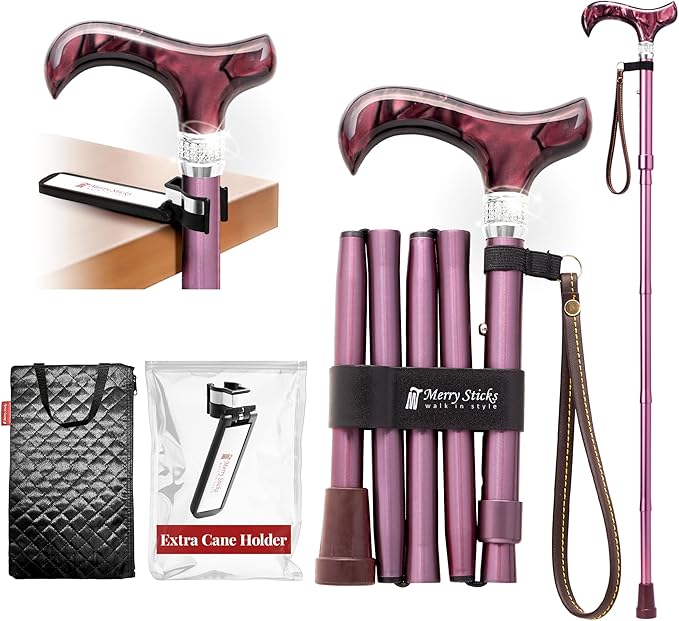 [Combo] Merry Sticks Lightweight Foldable Walking Canes for Women and Men, Adjustable & Collapsible Walking Stick for Seniors, Includes A Cane Bag & A Smart Reflective Cane Holder