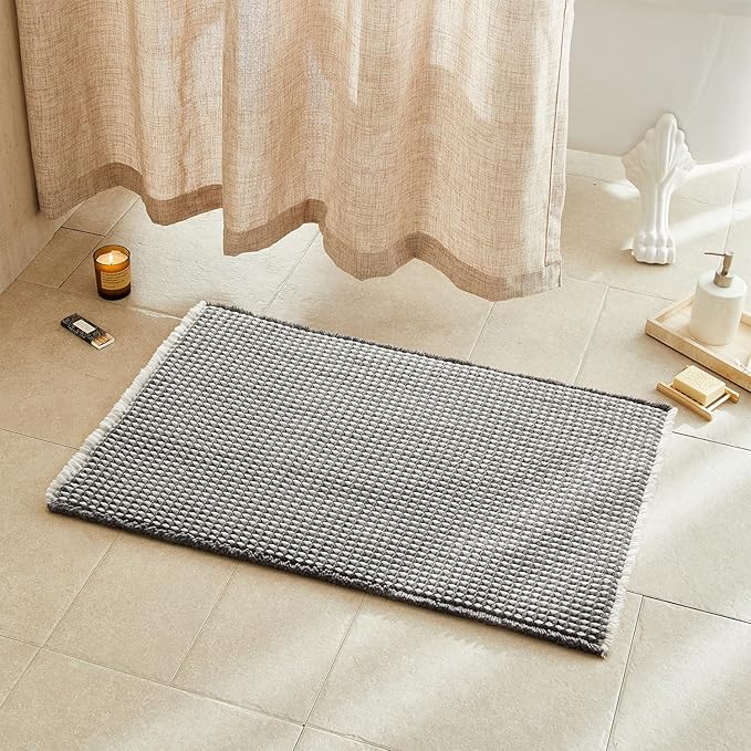 Waffle Bath Mat, Boho Bathroom Rugs Non Slip Washable Super Absorbent Quick Dry Bath Mat Farmhouse Bathroom Decor, 36"x24" Grey and White