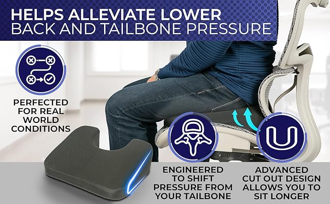 YogiBum Patented Cushion | Extra Large Tailbone Gap | XL Size for 190lbs+ | Med Size for 150-190lbs | Relief for LowBack, Tailbone, Sciatica, Hemorrhoids | Snug Fit on Office/Computer Chairs