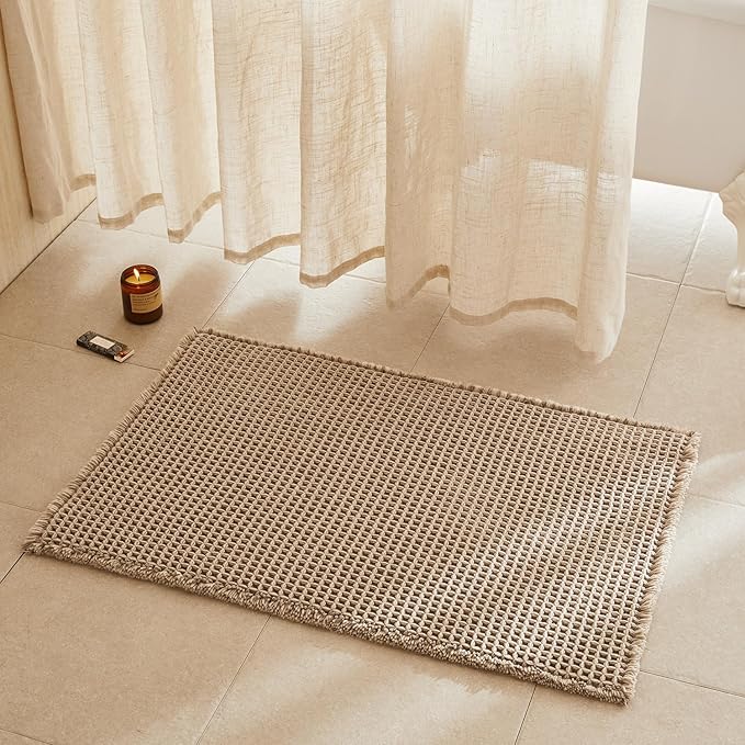 Waffle Bath Mat, Boho Bathroom Rugs Non Slip Washable Super Absorbent Quick Dry Bath Mat Farmhouse Bathroom Decor, 36"x24" Beige