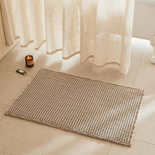 Waffle Bath Mat, Boho Bathroom Rugs Non Slip Washable Super Absorbent Quick Dry Bath Mat Farmhouse Bathroom Decor, 36"x24" Beige