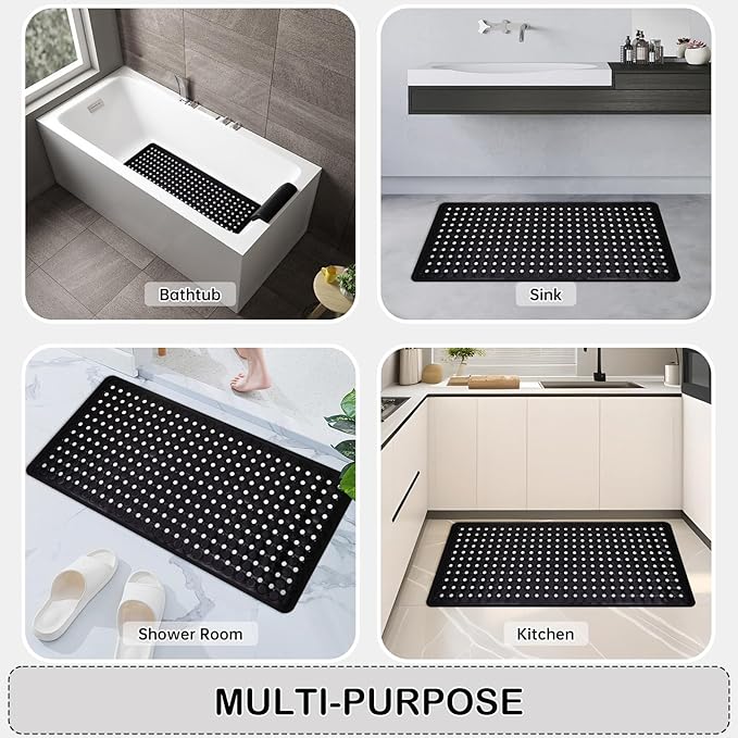 Linoows Non-Slip Bathtub and Shower Mats, Power Grip Bath Mat 35 x 16.3 Inch with Suction Cups and Drain Holes for Tub Bathroom Floor Safety, Machine Washable Soft Bathmat, Black