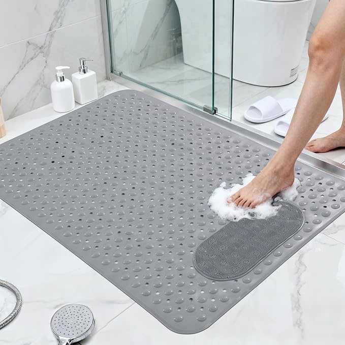 MABOZOO Non Slip Shower Mat, 48 * 31.5 Inch Extra Large Bathtub Mat with with Foot Scrubber, Bathmat with Antislip Suction Cups and Drain Holes for Bathroom Floor, Gray