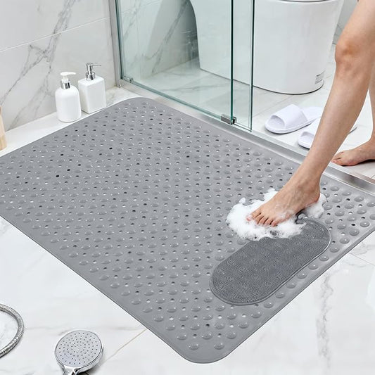 MABOZOO Non Slip Shower Mat, 48 * 31.5 Inch Extra Large Bathtub Mat with with Foot Scrubber, Bathmat with Antislip Suction Cups and Drain Holes for Bathroom Floor, Gray