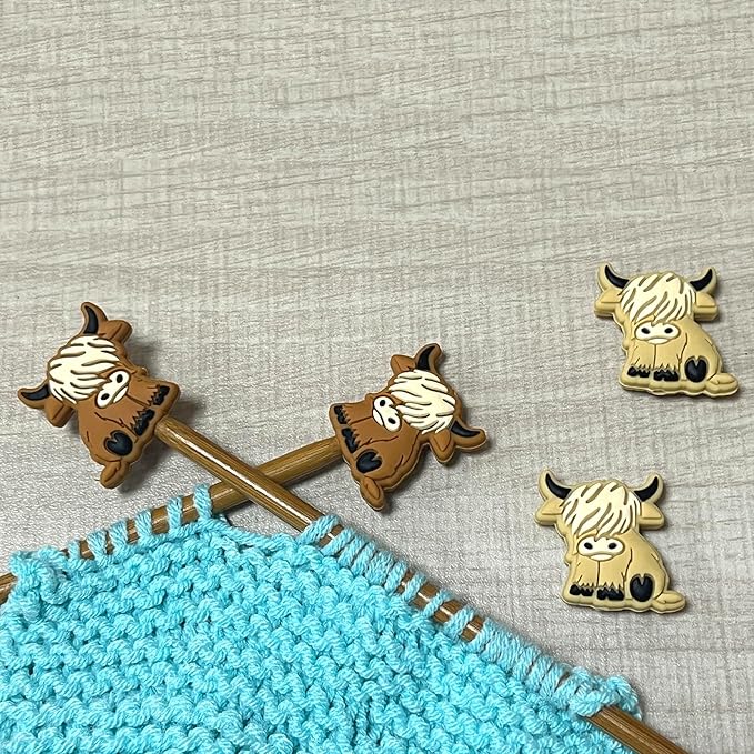 SPANSEE 4 PCS Highland Cow Shape Stitch Stoppers, Knitting Needle Stoppers, Knitting Needle Point Protectors, Knitting Needle End Caps, Knitting Notions fit Size 3-13 (3.25mm-9mm) Needles