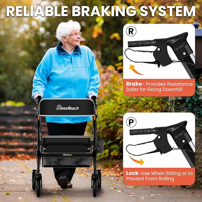 Foldable Rollator Walkers with Seat for Seniors, 450 lb Capacity, 8'' Wheels, 18" Big Seat, 6-Position Height, Heavy-Duty Aluminum Rolling Walker (Black)