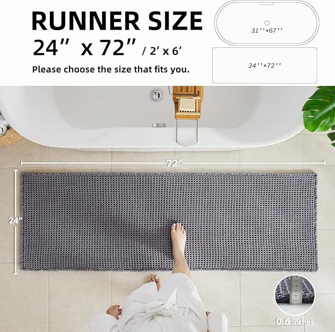 Waffle Runner Rug Bathroom, Long Boho Bathroom Rugs Non Slip Washable Super Absorbent Quick Dry Farmhouse Bath Decor, 72"x24" Grey