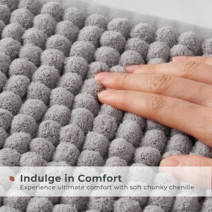 FRESHMINT Thick Chunky Chenille Bathroom Rug, 17"x24", Non Slip Bath Mat, Soft Bathroom Decor, Cute Shower Mat, Water Absorbent, Washable, Dove Gray
