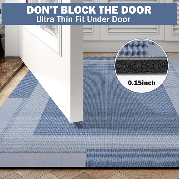 Non Slip Long Bath Mat Bathroom Runner, Rubber Backing Ultra Thin Bathroom Rugs Fit Under Door Quick Dry Super Absorbent Washable Bath Rug Shower Mat for Bathtub Sink Floor, Blue 24"x48"