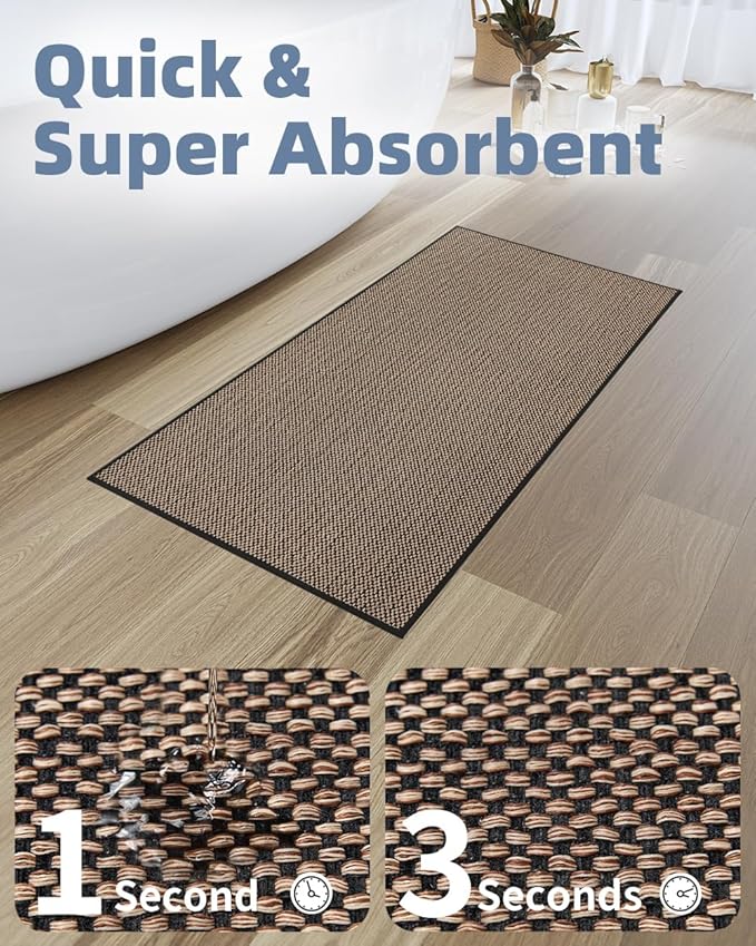 PADOOR Non-Slip Bath-Mats for Bathroom, Rubber-Backing Braided Absorbent Bathroom Mat Machine Washable Thin Bathroom Rugs Fit Under Door Quick Dry Bath Rugs for Floor, 17''x30'' Black