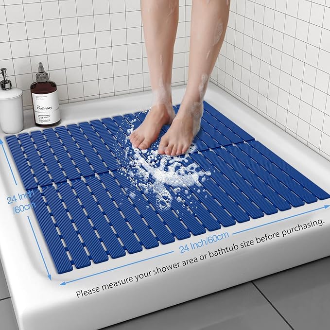 Shower Mat Non-Slip Bath Mat for Tub and Shower Stall,200+ Suction Cups with Drain Holes, Quick Dry Machine Washable, Extra Grip for Elderly and Baby, Bathroom Essentials 24x24 Inch (Blue)