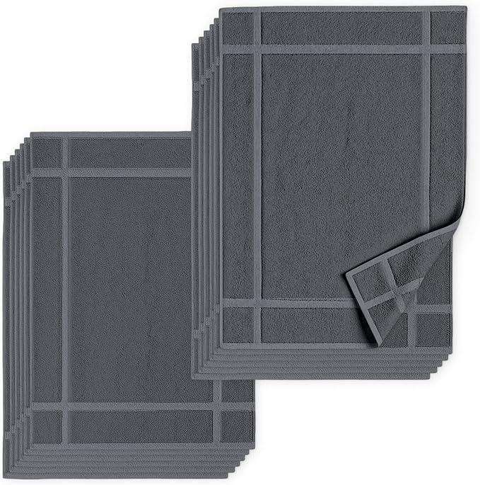 Pearl Linens Pack of 12 Washable Cotton Bath Mat 20x30 - Soft & Absorbent Quick Dry Bathroom Mat Set, Not Bathroom Rugs After Shower Mat, Terry Bath Tubmat, 687 GSM Dark Grey