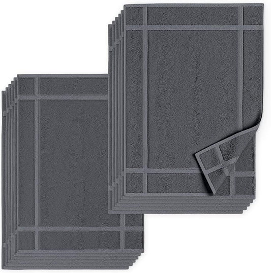 Pearl Linens Pack of 12 Washable Cotton Bath Mat 20x30 - Soft & Absorbent Quick Dry Bathroom Mat Set, Not Bathroom Rugs After Shower Mat, Terry Bath Tubmat, 687 GSM Dark Grey
