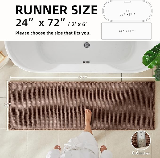 Waffle Runner Rug Bathroom, Long Boho Bathroom Rugs Non Slip Washable Super Absorbent Quick Dry Farmhouse Bath Decor, 72"x24" Mocha