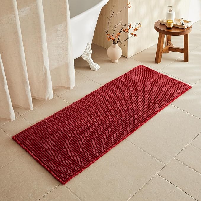 Waffle Runner Rug Bathroom, Long Boho Bathroom Rugs Non Slip Washable Super Absorbent Quick Dry Farmhouse Bath Decor, 60"x24" Burgundy