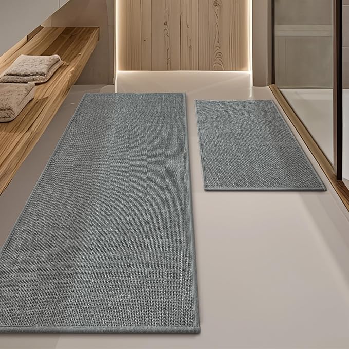YIHOUSE Grey Bath Rug Set, 2 Piece Absorbent Non Slip Washable, Quick Dry Thin Bath Mat for Toilet and Floor