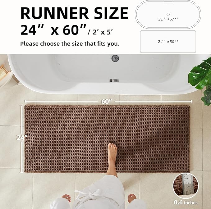 Waffle Runner Rug Bathroom, Long Boho Bathroom Rugs Non Slip Washable Super Absorbent Quick Dry Farmhouse Bath Decor, 60"x24" Mocha