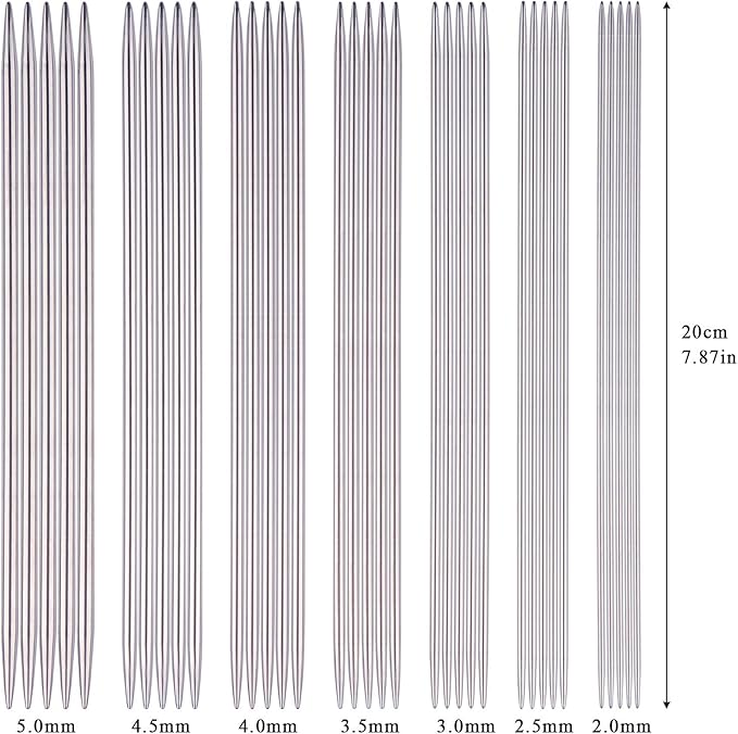 Coopay Short Double Pointed Knitting Needles Kit 20cm, Double Ended Stainless Steel Needles 2.0mm to 5.0mm, DPNS Knitting Pins Set for Beginner & Kids, Sock Knitting Needles 35 Pack & Knitting Gauge