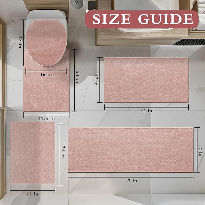 YIHOUSE Pink Bathroom Rug Set, 5 Piece, Non Slip, Quick Dry, Thin Bath Mat for Bathroom, Kitchen, Sink