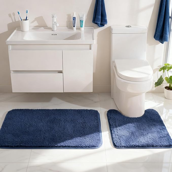 Exclusivo Mezcla Toilet Rugs U-Shaped 20x24, Extra Soft Non Slip Absorbent Water Microfiber Bath Rugs, Machine Washable Quick Dry Bath Mats for Toilet, Solid Navy Blue