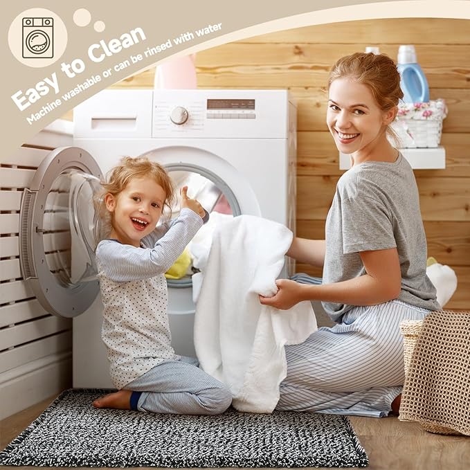 Black and White Bathroom Rugs, Waffle Bath Mat Non Slip Washable Super Absorbent Quick Dry Boho Farmhouse Bathroom Decor, 30"x20" Black and White