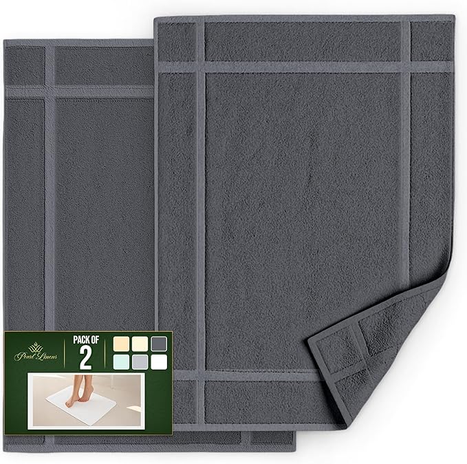 Pearl Linens 100% Ring Spun Cotton Bath Mat (Pack of 2) 18 x 25 Inch, Washable, Soft & Absorbent Terry Bathroom Floor Mat – Not Bathroom Rugs – Quick-Dry After Shower Bath Mat, 687 GSM, Dark Grey