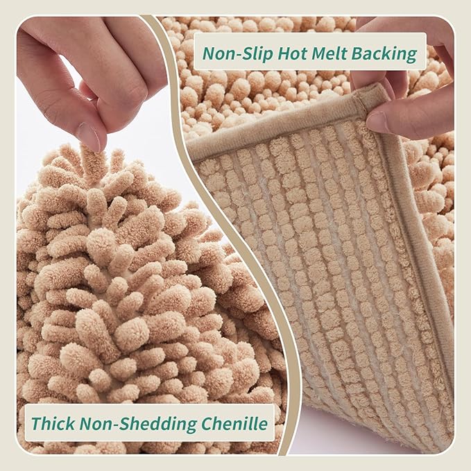 Non Slip Bathroom Rug Machine Washable Thick Beige Bath Mat 24x36 Soft Absorbent Bathroom Floor Mat Chenille Bath Rug for Shower Tub