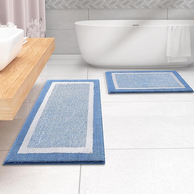 OLANLY Bathroom Rugs 47x24, Extra Soft and Absorbent Microfiber Bath Mat, Non-Slip, Machine Washable, Quick Dry Shaggy Bath Carpet, Suitable for Bathroom Floor, Tub, Shower (Runner, Blue)