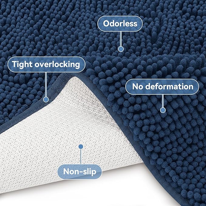 Bcoimo 44"×24" Absorbent Bath Mat, Non-Slip with Backing Chenille Bath Rug and Machine Washable Bathroom Mat Quick-Dry Design. Ideal for Bathroom and Tub Areas