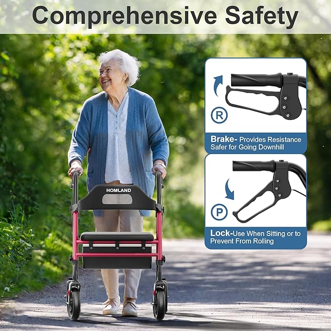 HOMLAND Foldable Rollator Walkers with Seat for Seniors, 8'' Big Wheels, 350 lb. Weight Capacity, Adjustable Handles and Seat Height, Lightweight Rolling Walker, Red