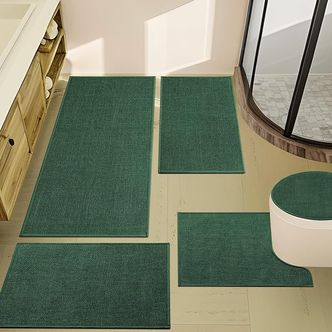 YIHOUSE Green Bathroom Rugs Set 5 Piece, Absorbent Bath Mat for Bathroom Non Slip Washable, Bathroom Mat Quick Dry, Thin Bath Rug Set for Toilet and Floor