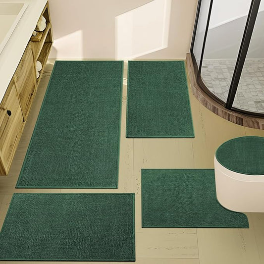 YIHOUSE Green Bathroom Rugs Set 5 Piece, Absorbent Bath Mat for Bathroom Non Slip Washable, Bathroom Mat Quick Dry, Thin Bath Rug Set for Toilet and Floor