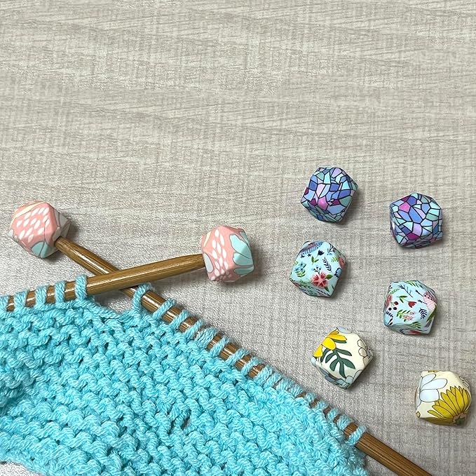 SPANSEE 8 PCS Hexagon Print Knitting Needle Stoppers, Knitting Needle End Caps, Stitch Stoppers, Fit Size 2.5-13 (3mm-9mm) Needles