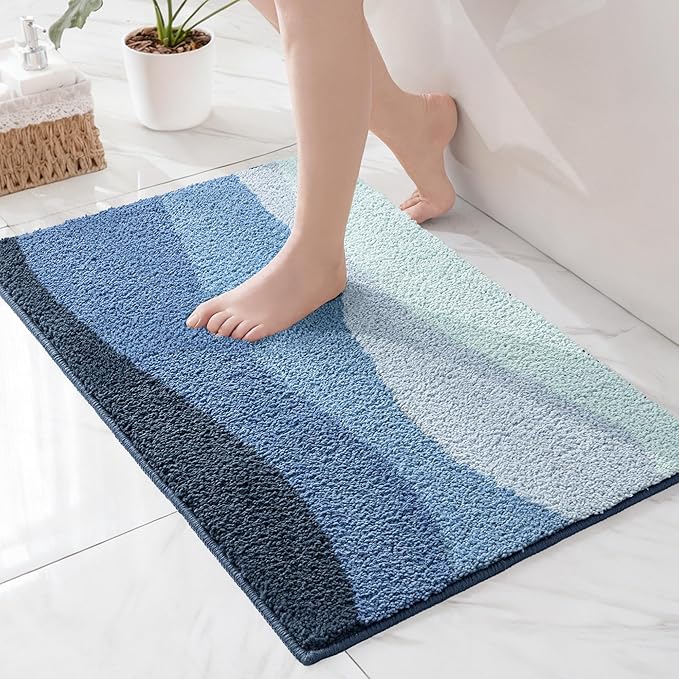 Exclusivo Mezcla Bathroom Rugs Mat 20x30, Extra Soft Non Slip Absorbent Water Microfiber Bath Rugs, Machine Washable Quick Dry Bath Mats for Bathroom Floor, Shower, Home Decor, Waved Blue