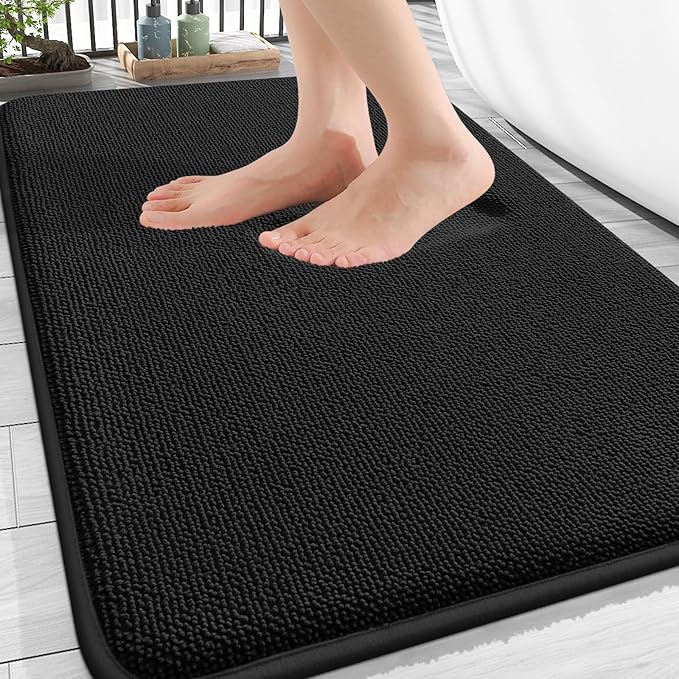 OLANLY Thick Memory Foam Bath Mat Rug 34x21, Extra Soft Absorbent Bathroom Rug, Quick Dry Bath Mats, Non-Slip, Machine Washable Carpet for Bathroom, Tub and Shower, Home Decor Accessories, Black