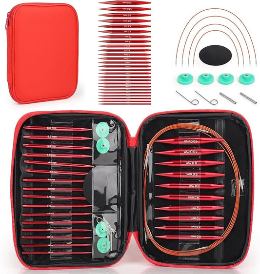 Interchangeable Circular Knitting Needles Set, 13 Pairs (26pcs) Glossy Red Aluminum Knitting Needles Kit, Sizes 3.0mm–10.0mm, Knitting Needle Case & Accessories for Knitting Beginners & Advanced