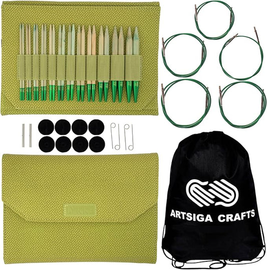 Lykke Grove 5 in. Complete Set US Sizes US 3, 4, 5, 6, 7, 8, 9, 10, 10.5, 11, 13, 15 Interchangeable Circ. Knitting Needles for DK, Worsted, Chunky Yarns, Bamboo, 5 Cords, Green BW Case, Project Bag