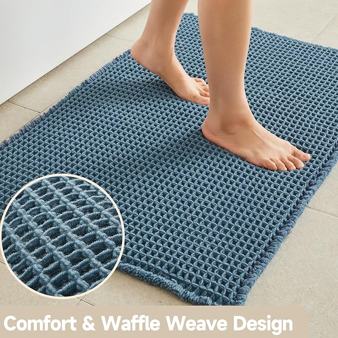 Waffle Runner Rug Bathroom, Long Boho Bathroom Rugs Non Slip Washable Super Absorbent Quick Dry Farmhouse Bath Decor, 60"x24" Denim Blue