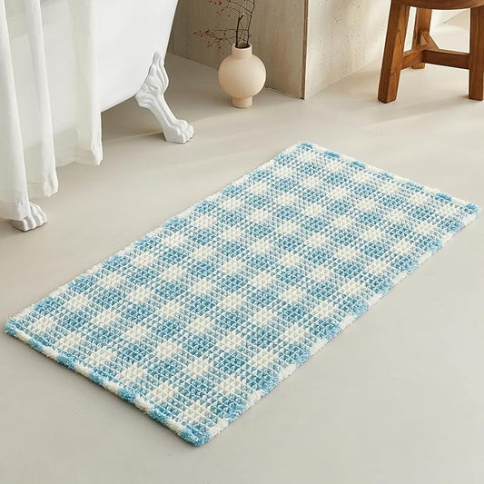 Waffle Bath Mat, Boho Bathroom Rugs Non Slip Washable Absorbent Checkered Bathroom Mat Quick Dry Cute Bath Mat, 48"x24" Blue and White